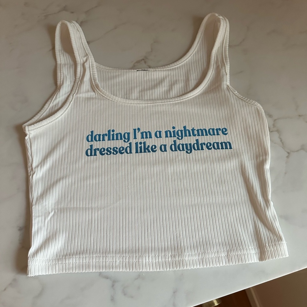 White Ribbed Tank Top with Blue Text